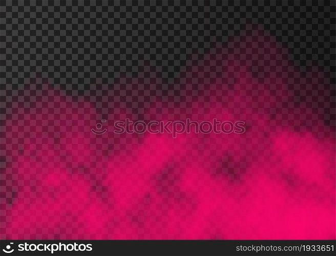 Pink smoke isolated on transparent background. Steam special effect. Realistic colorful vector fire fog or mist texture.