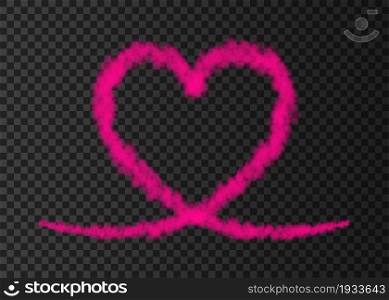 Pink smoke plane heart trail isolated on transparent background. Love. Steam effect. Realistic vector fog or cloud for Valentine day banner template .