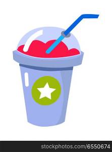 Pink smoothie in closed cup with blue straw. Tasty cocktail. Transparent round lid. Circle with white star. Take away food. Healthy meal. Illustration of isolated cardboard glass. Flat design. Vector. Pink Smoothie in Closed Cup with Blue Straw Vector