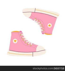 pink sneakers fashionable with heart, vector illustration isolated. sport footwear in a pink color for girls. . pink sneakers - fashion design with heart, vector