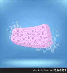 Pink Sponge With Foam Bubbles on Blue Background . Pink Sponge