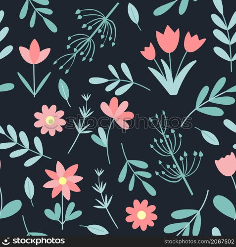 Pink spring flowers and leaves seamless pattern. Botanical beautiful floral deciduous background. Template for wallpaper and design. Pink spring flowers and leaves seamless pattern