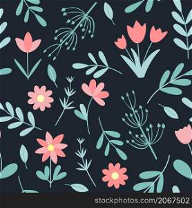 Pink spring flowers and leaves seamless pattern. Botanical beautiful floral deciduous background. Template for wallpaper and design. Pink spring flowers and leaves seamless pattern