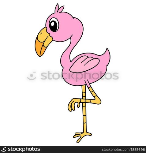 pink stork standing up, doodle icon image. cartoon caharacter cute doodle draw
