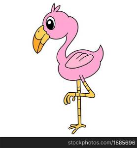pink stork standing up, doodle icon image. cartoon caharacter cute doodle draw