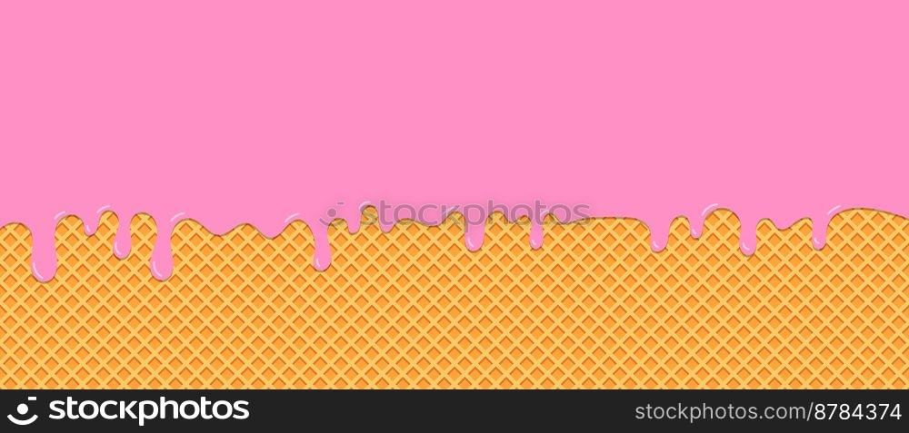 Pink strawberry ice-cream melted on waffle background. Vector Illustration