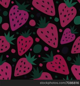 Pink strawberry seamless pattern on a black background. Summer fruit hand drawn strawberries wallpaper. Template for kitchen design, package, home textile. Vector illustration. hand drawn strawberry with leaves and dot seamless pattern