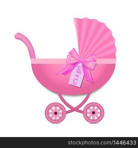 Pink Stroller with a bow for baby girl. Baby Shower invitation. Baby carriage in realistic style on isolated background. vector illustration eps10. Pink Stroller with a bow for baby girl. Baby Shower invitation. Baby carriage in realistic style on isolated background. vector illustration
