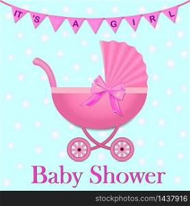 Pink Stroller with a bow for baby girl. Baby Shower invitation with flags and stroller. Baby carriage in realistic style.vector illustration. Pink Stroller with a bow for baby girl. Baby Shower invitation with flags and stroller. Baby carriage in realistic style.vector illustration eps10