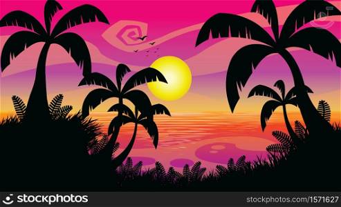 Pink Sunset Cartoon Flat Design. Vector Illustration Background