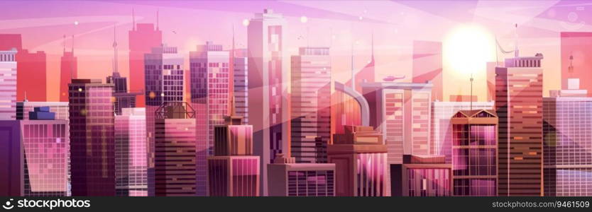 Pink sunset sky with cartoon cityscape vector background. Skyscraper street landscape with sun light ray view. Urban downtown district panorama backdrop. Business construction exterior game scape. Pink sunset sky with cartoon cityscape vector