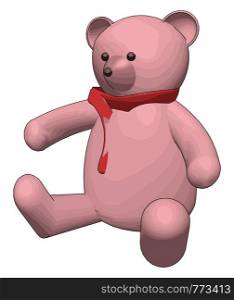 Pink teddy bear with red scarf vector illustration on white background