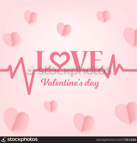 Pink Text Love on Heart beat and Paper Hearts Float on pink background. Vector Illustration, Valentine's Day Poster