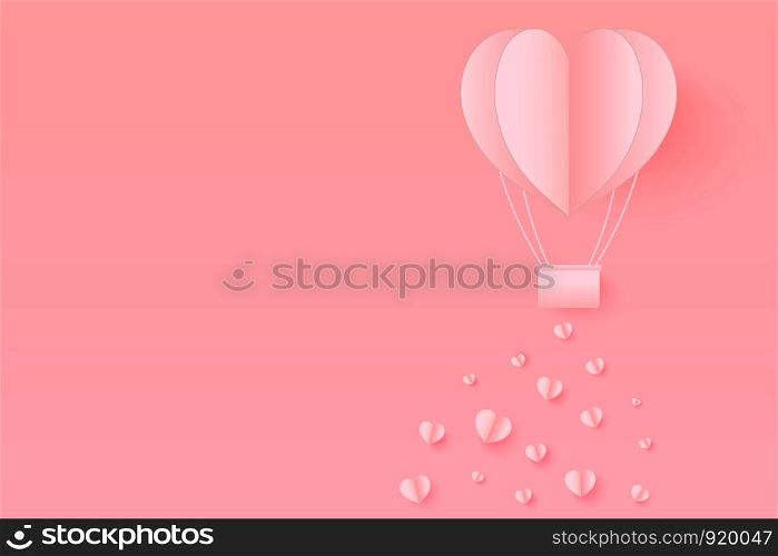 Pink Tone Paper Style love of valentine day , balloon flying over cloud with heart float on the sky and sprinkles heart, couple honeymoon with copy space , vector illustration background