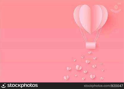 Pink Tone Paper Style love of valentine day , balloon flying over cloud with heart float on the sky and sprinkles heart, couple honeymoon with copy space , vector illustration background