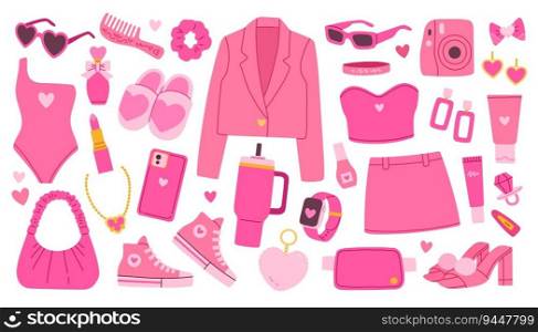 Pink trendy barbiecore set, pink aesthetic accessories and clothing. Vector illustration