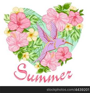 Pink tropical flowers and bird. Summer background with floral heart.