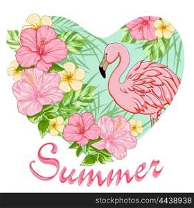 Pink tropical flowers and flamingo. Summer background with floral heart.