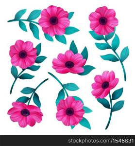 Pink tropical flowers isolated on white background. Beautiful wild flower set. Vector digital illustration.. Pink flowers isolated on white background. Beautiful wild flower set. Vector digital illustration
