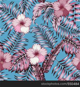 Pink tropical palm leaves and pink hibiscus exotic flowers. Trendy botanical pattern, realistic vector seamless composition on the light blue background
