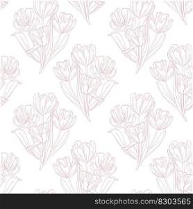 Pink Ttulips flower seamless pattern, spring background. Line art pink tulips flower, spring background. Seamless pattern for textile