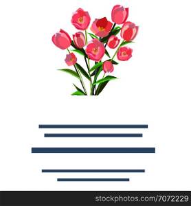 Pink tulip bouquet with text. Flat style clip with copyspace. Greeting card, poster design element. Vector Illustration.. Pink tulip bouquet with text.