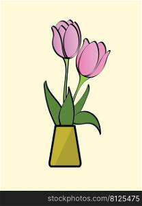 Pink tulip flower in yellow vase on yellow background vector