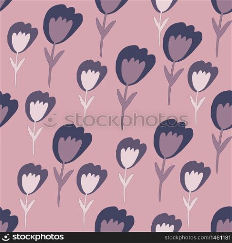 Pink tulip flowers seamless pattern in doodle style. Cute little flower endless wallpaper. Floral backdrop. Design for fabric, textile print, wrapping paper, cover. Vector illustration. Pink tulip flowers seamless pattern in doodle style. Cute little flower endless wallpaper. Floral backdrop.