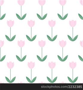 Pink tulip green leaves seamless pattern on white stock vector illustration