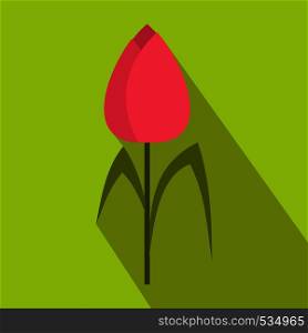 Pink tulip icon in flat style on a green background. Pink tulip icon, flat style