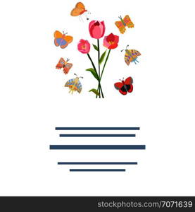Pink tulip on white background with butterflies. Spring floral background. Vector illustration with text frame on white background.. Spring floral illustration with butterflies and text frame.