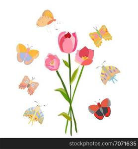Pink tulip on white background with butterflies. Spring floral background. Vector illustration. . Spring floral illustration with butterflies.
