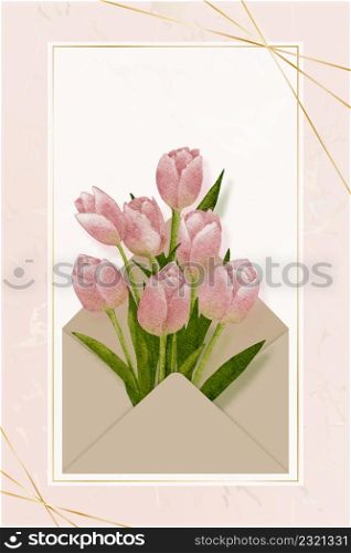 Pink Tulips bouquet inside the envelope,Watercolour hand paint Spring flowers with golden frame on marble background,Vector illustration greeting card or Wedding Invitation, Mother's day,Valentine day