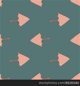 Pink umbrella hand drawn silhouettes seamless pattern. Dark pale turquoise background. Decorative backdrop for fabric design, textile print, wrapping, cover. Vector illustration.. Pink umbrella hand drawn silhouettes seamless pattern. Dark pale turquoise background.