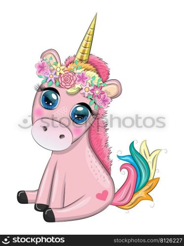 Pink unicorn pony sitting. Cute baby card, baby girl with big eyes.. Pink unicorn pony sitting. Cute baby card, baby girl with big eyes