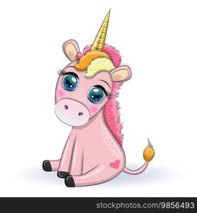 Pink unicorn pony sitting. Cute baby card, baby girl with big eyes.. Pink unicorn pony sitting. Cute baby card, baby girl with big eyes