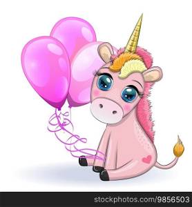Pink unicorn pony sitting. Cute baby card, baby with big eyes.. Blue unicorn pony sitting. Cute baby card, baby with big eyes