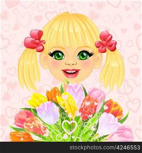pink valentine card with a beautiful little girl with a big bouquet of flowers tulips on the background of hearts