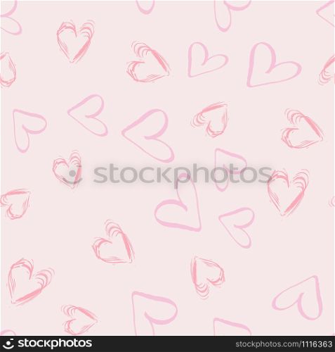 Pink valentine hearts on blush pink seamless pattern with hand drawn texture pastel romantic background. Design for wrapping paper, wallpaper, fabric print, backdrop. Vector illustration.. Pink valentine hearts on blush pink seamless pattern with hand drawn texture pastel romantic background.