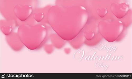 Pink Valentine’s Day background, 3d hearts on bright backdrop. Vector illustration.