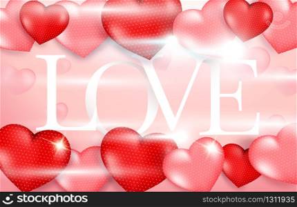 Pink Valentine's Day background with 3d hearts on red. Vector illustration. Cute love banner or greeting card