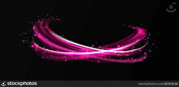 Pink vapor flows with hearts and sparkles. Concept of love, romance, Valentine day with abstract air or steam swirls effects with pink hearts isolated on transparent background, vector realistic set. Pink vapor flows with hearts and sparkles