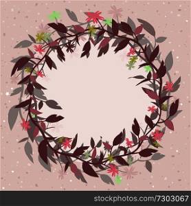 Pink vector background with a round floral frame in the form of a wreath. Eps 10