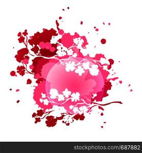 Pink Vector Colorful Watercolor Splash with cherry blossom branch silhouette for decoration of posters, typography, flyers, print design and other. Isolated on white.
