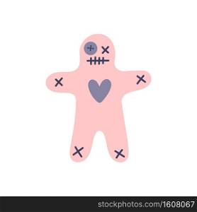 Pink voodoo doll on a white background. Magic, witchcraft., Harm, revenge, black magic. Hand drawn vector isolated single illustration.