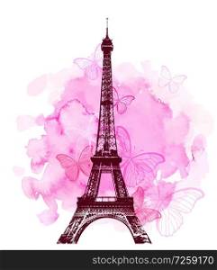 Pink watercolor romantic Valentine background with Eiffel Tower and butterfly. Vector illustration. 