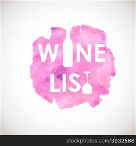 Pink watercolour painted banner with a bright spot and Wine List text. Artistic vector graphic