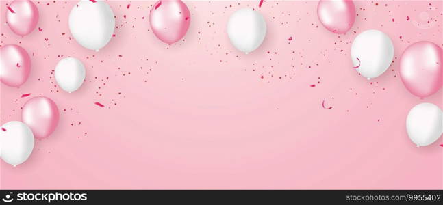 pink white balloons, confetti concept design template holiday Happy valentines Day, background Celebration Vector illustration.