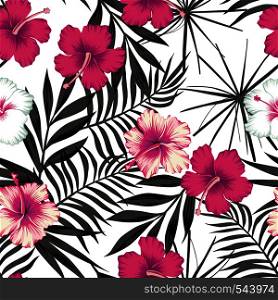 Pink white hibiscus flowers on a black and white background of leaves. Seamless vector beach wallpaper pattern