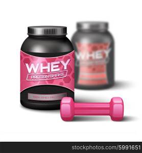 Pink woman dumbbell and jar of whey protein sport nutrition vector illustration. Woman Dumbbell And Sport Nutrition